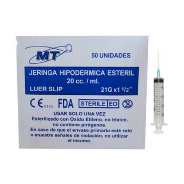 Jeringa Desechable 20cc con Aguja  Caja 50 uds. LUER SLIP