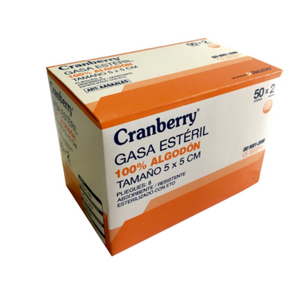 Gasa Algodon Estéril 5x5cms. 50 Sobres de 2 Unidades Cranberry.